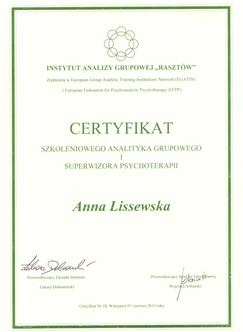 Certyfikat szkoleniowego analityka grupowego i superwizora psychoterapii